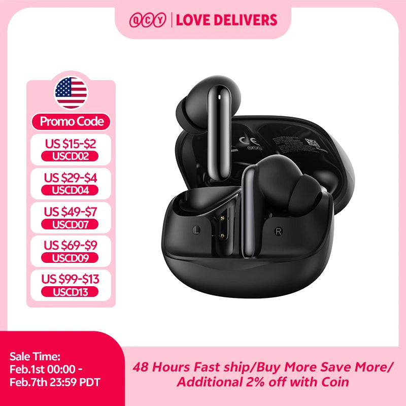 QCY Melobuds N50 ANC Bluetooth 5.4 Wireless Earphones Active Noise Cancellation 6 Mics Clear Call Earbuds Multipoint Connection